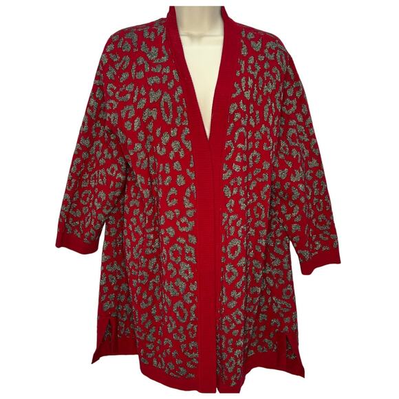 Kasper Open Front Tunic Cardigan Sweater Size 1X Red Silver Metallic Leopard - Picture 1 of 5